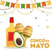 Mexican tequila bottle maracas and avocado of Cinco de mayo vector design