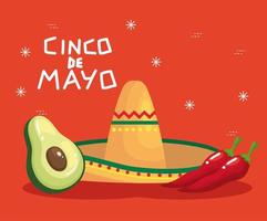 sombrero mexicano, aguacate, y, chiles, de, cinco de mayo, vector, diseño vector