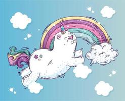 lindo gato unicornio con arcoiris y nubes vector