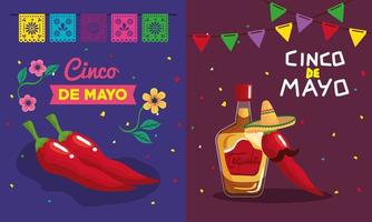 Mexican tequila bottle and chillis with mustache of Cinco de mayo vector design