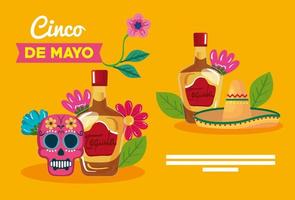 Mexican tequila bottles skull and hat of Cinco de mayo vector design