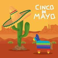 Mexican pinata and cactus with hat of Cinco de mayo vector design