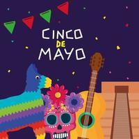 Mexican pinata skull with flowers guitar and pyramid of Cinco de mayo vector design