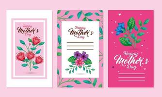 Flowers with leaves cards of happy mothers day vector design