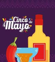 Mexican tequila bottle cocktail and chilli of Cinco de mayo vector design