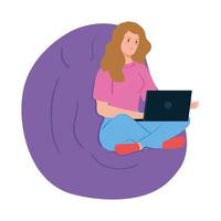 woman working in telecommuting with laptop sitting in pouf soft vector