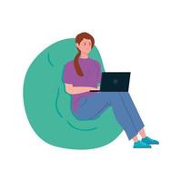 woman working in telecommuting with laptop sitting in pouf soft vector