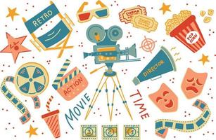 Retro cinema vector elements. Movie theater popcorn, retro film camera, filming clapperboard, glasses and movies ticket illustration set