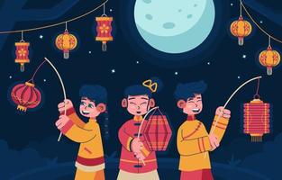 niños jugando con linternas en la noche del año nuevo chino vector