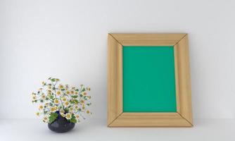 A 3D rendering of a green blank frame mockup next to a vase of daisy flowers leaning on a white wall photo