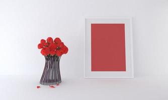 3D rendering of a red blank frame mockup next to a vase of red flowers leaning against a white wall