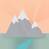 Landscape of Mountains with icy peaks, a river or stream during the sunset. Drawn in minimalist style, flat design. Tall mountain with snow, water underneath and pink orange sunset or sunrise. Hiking vector