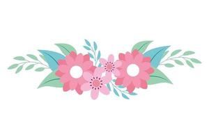 cute flowers pink with branches and leafs vector