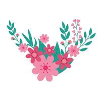 cute flowers pink with branches and leafs decoration vector