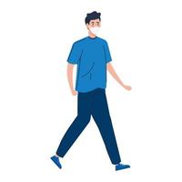 Joven caminando con mascarilla icono aislado vector