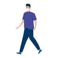 Joven caminando con mascarilla icono aislado vector