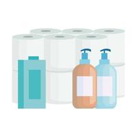 Establecer papel higiénico con botellas de limpieza de productos. vector