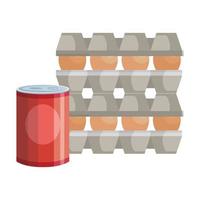 set eggs in package cardboard with food in can vector