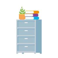 Muebles de cajones con libros y macetas icono aislado vector