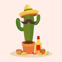 Mexican cactus with mustache hat and tequila bottle vector design