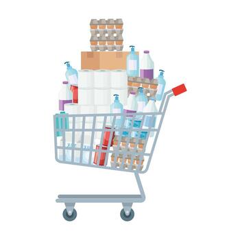 cart shopping with excess groceries vector