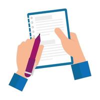 hands with notebook and pen isolated icon vector