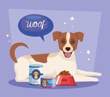 cute dog with dish and cans of food vector