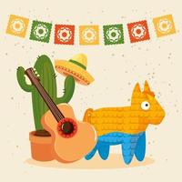 Sombrero de cactus mexicano guitarra y diseño vectorial de piñata vector