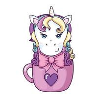 head of cute unicorn fantasy in cup ceramic vector