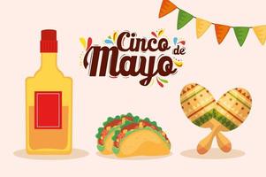 Mexican tequila bottle tacos and maracas of Cinco de mayo vector design