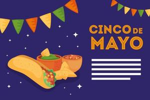 Mexican bowls burrito and nachos of Cinco de mayo vector design