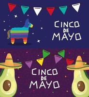 Mexican pinata and avocados with hats of Cinco de mayo vector design