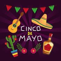 Mexican tequila bottle hat guitar and cactus of Cinco de mayo vector design