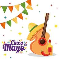 sombrero de guitarra mexicana botella de chile y tequila de diseño vectorial cinco de mayo vector