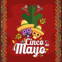 Mexican skulls with hats and cactus of Cinco de mayo vector design