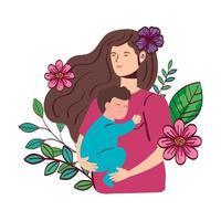 cute woman pregnant carrying baby boy with flowers decoration vector