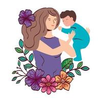 mother lifting baby boy with flowers decoration vector