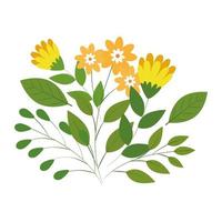 cute flowers yellow color with branches and leafs vector