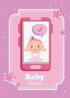 baby shower card with little girl in smartphone vector