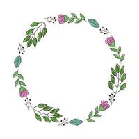 frame circular of flowers purple with branches and leafs vector