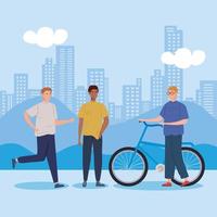 young men with bike in cityscape vector