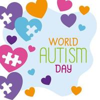 world autism day with hearts and puzzle pieces vector