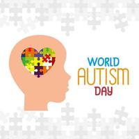 world autism day with head profile and puzzle pieces vector