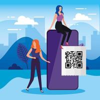 scan code qr in smartphone with businesswomen vector