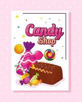 cartel de tienda de dulces con pastel de chocolate y dulces. vector
