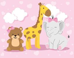 cute teddy bear female and elephant with giraffe vector
