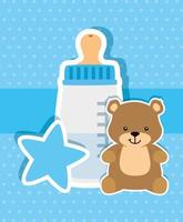 baby bottle milk with teddy bear and star vector