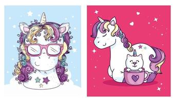 Establecer diseños de unicornios e iconos lindos. vector