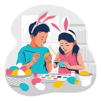 niños pintando huevos de pascua concepto vector