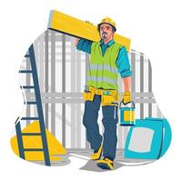 Construction Worker Carrying Wooden Beam and Paint Bucket Concept vector